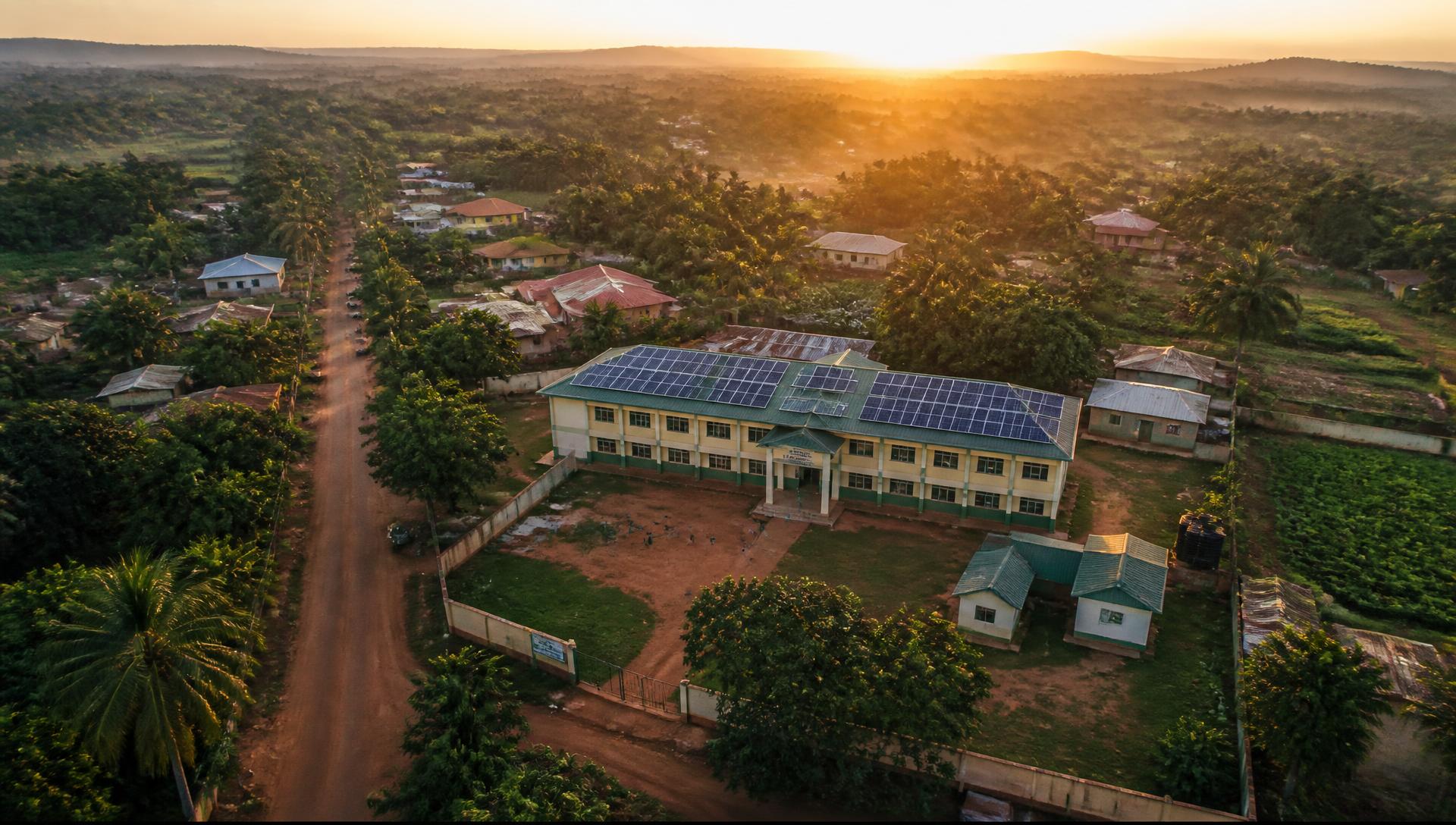 Aerial view of a solar-powered school in an Osun State community at sunrise